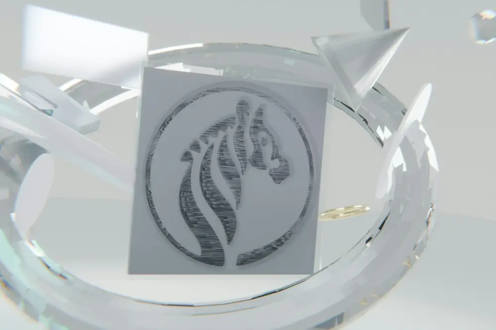 A stylized horse head logo inside a clear glass ring, illustrating understanding and clarity